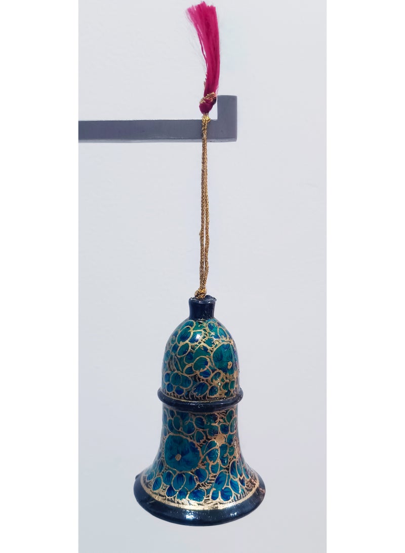 DECORATIVE PAPER MACHE HANGING BELL COLOR TEAL WITH BLUE ACCENTS 3 INCH SIZE - Image 2